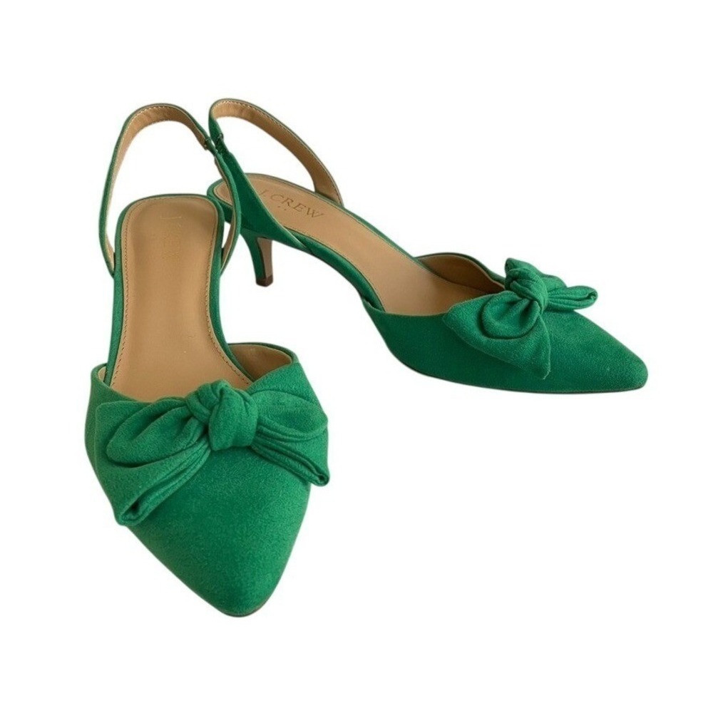 J.Crew Factory Kelly Green Slingback Heels Bow Pointed Toe Kitten Heel Sz 7 EUC